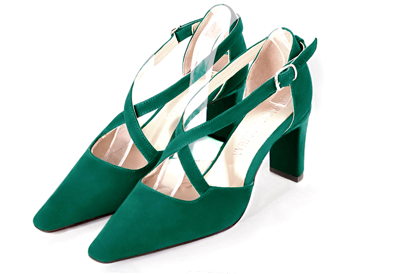 Emerald green women's open side shoes, with crossed straps. Tapered toe. High comma heels. Front view - Florence KOOIJMAN